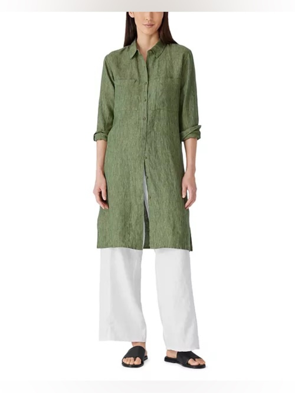 Long Sleeve Olive Green Button-Front Tunic Top